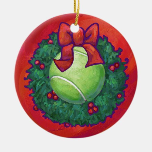 Tennis Ball in Wreath on Red Ceramic Ornament