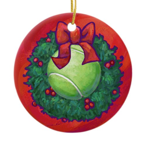 Tennis Ball in Wreath on Red Ceramic Ornament