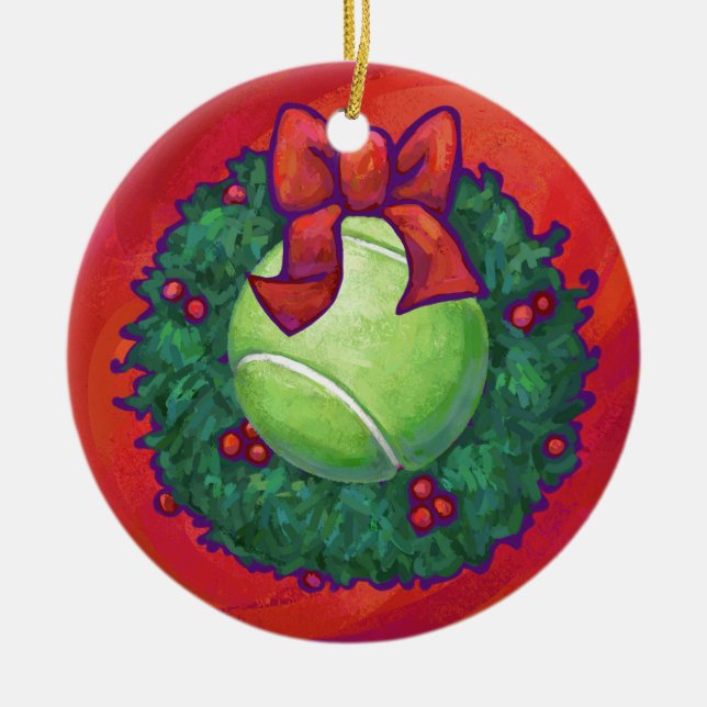 Tennis Ball in Wreath on Red Ceramic Ornament (Front)