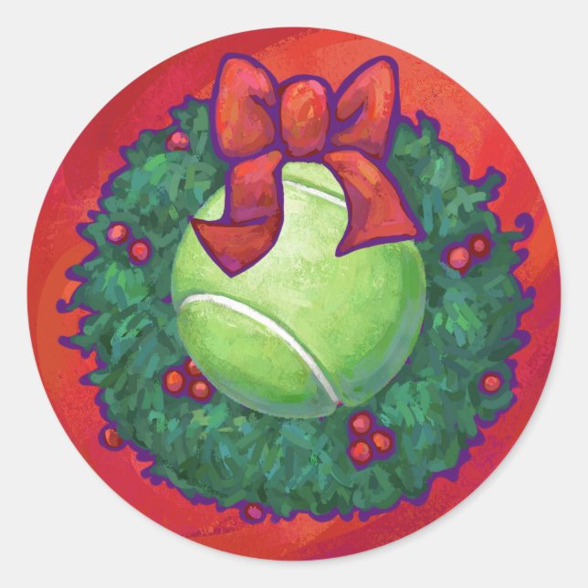 Tennis Ball in Wreath on Red Classic Round Sticker (Front)