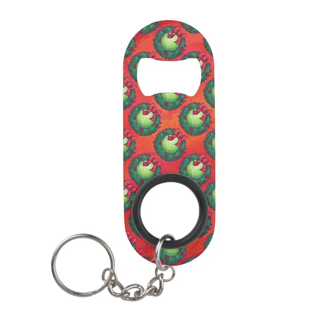 Tennis Ball in Wreath on Red Keychain Bottle Opener (Front)