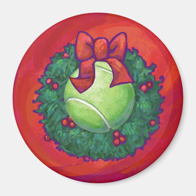Tennis Ball in Wreath on Red Magnet (Front)