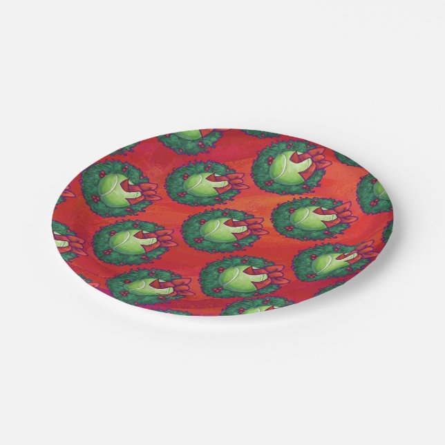 Tennis Ball in Wreath on Red Paper Plates (Angled)