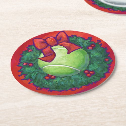Tennis Ball in Wreath on Red Round Paper Coaster