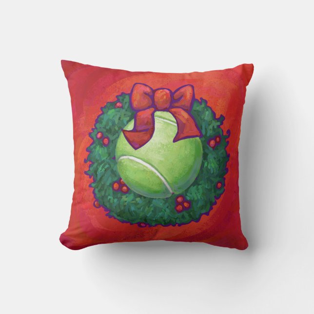 Tennis Ball in Wreath on Red Throw Pillow (Front)