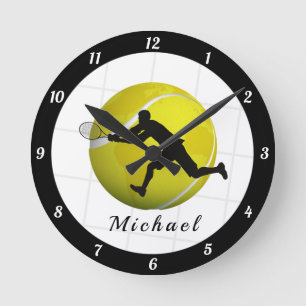 Tennis Ball & Male Player Silhouette Coach Name Round Clock