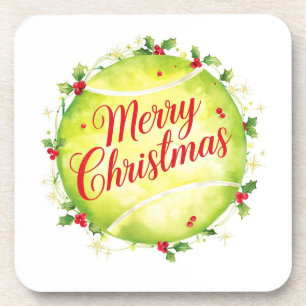 Tennis Ball Merry Christmas Holiday Beverage Coaster
