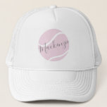 Tennis Ball Monogram Name Pink White Trucker Hat<br><div class="desc">Custom Printed Personalized Pink and Gray Tennis Balls Monogram Name Design on an all-white trucker hat features an elegant, trendy, fun, and cute script name or custom text. Change the colors and font using the Design Tool Template Editor. Create a set to give as a gift for your favorite tennis...</div>