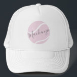 Tennis Ball Monogram Name Pink White Trucker Hat<br><div class="desc">Custom Printed Personalized Pink and Gray Tennis Balls Monogram Name Design on an all-white trucker hat features an elegant, trendy, fun, and cute script name or custom text. Change the colors and font using the Design Tool Template Editor. Create a set to give as a gift for your favorite tennis...</div>
