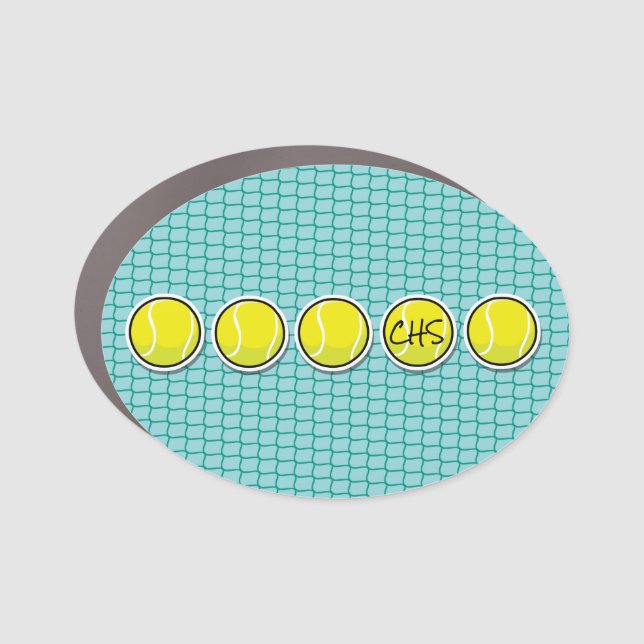 Tennis Ball Net Yellow Blue White INITIALS Fun Car Magnet (Front)