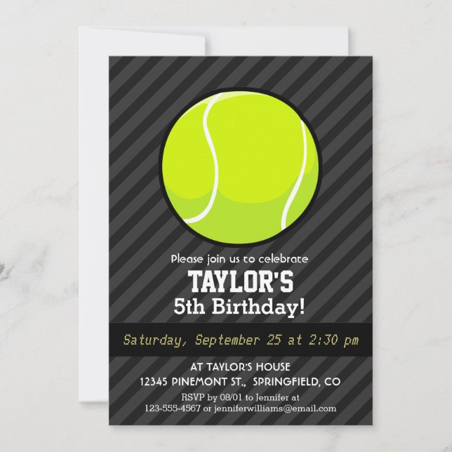 Tennis Ball on Black & Dark Gray Stripes Invitation (Front)