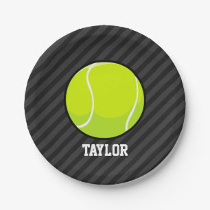 Tennis Ball on Black & Dark Gray Stripes Paper Plates