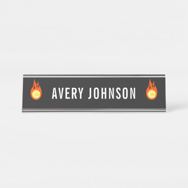 Tennis Ball On Fire Modern Cool Custom Name Player Desk Name Plate (Front)