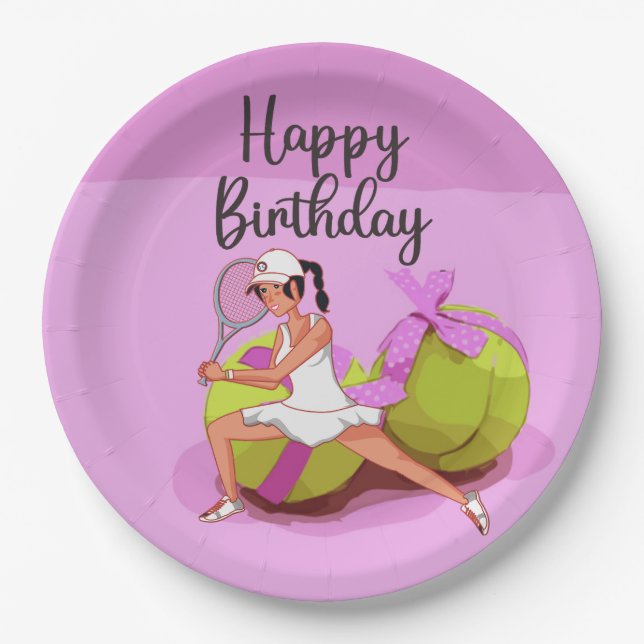 Tennis ball on pink Happy Birthday Woman Player   Paper Plates (Front)