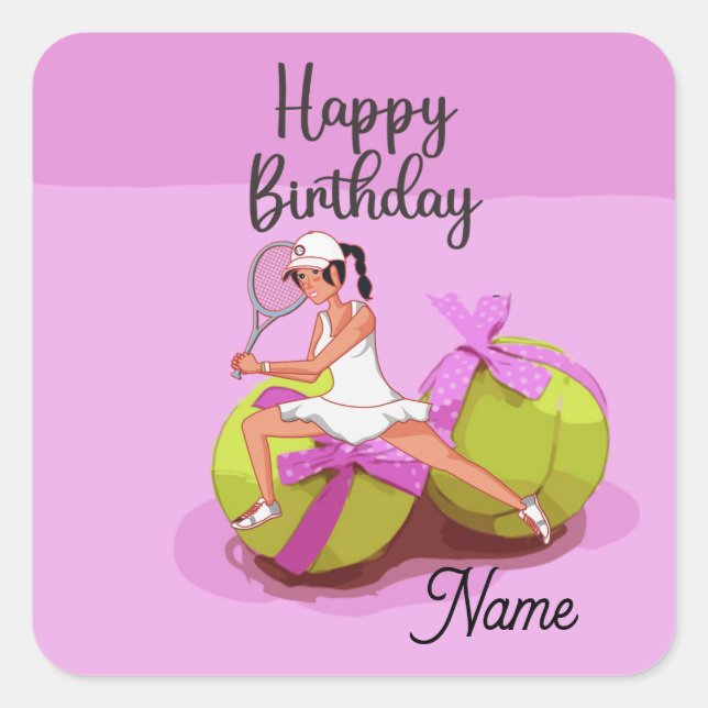 Tennis ball on pink Happy Birthday Woman Player  Square Sticker (Front)