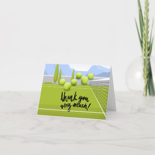 Tennis ball on tennis court background thank you card