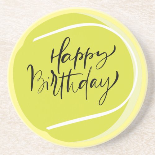 Tennis ball on yellow  Happy Birthday    Coaster