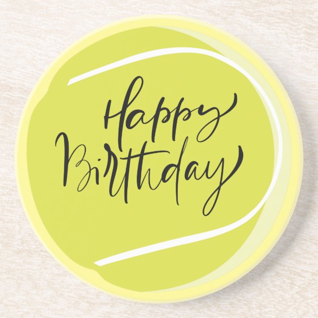 Tennis ball on yellow  Happy Birthday    Coaster (Front)
