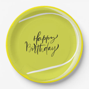 Tennis ball on yellow  Happy Birthday  Paper Plate