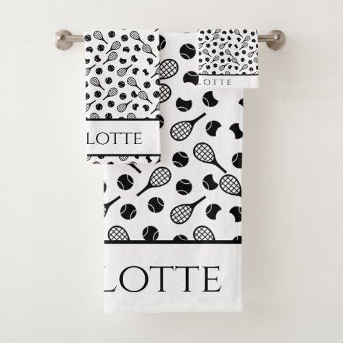 Tennis Ball Pattern Black  White Simple Your Name Bath Towel Set