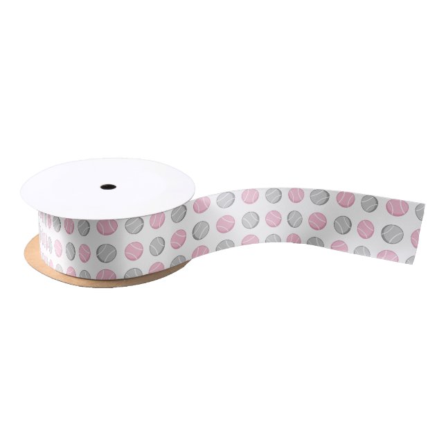 Tennis Ball Pattern Pink and Grey Satin Ribbon (Spool)