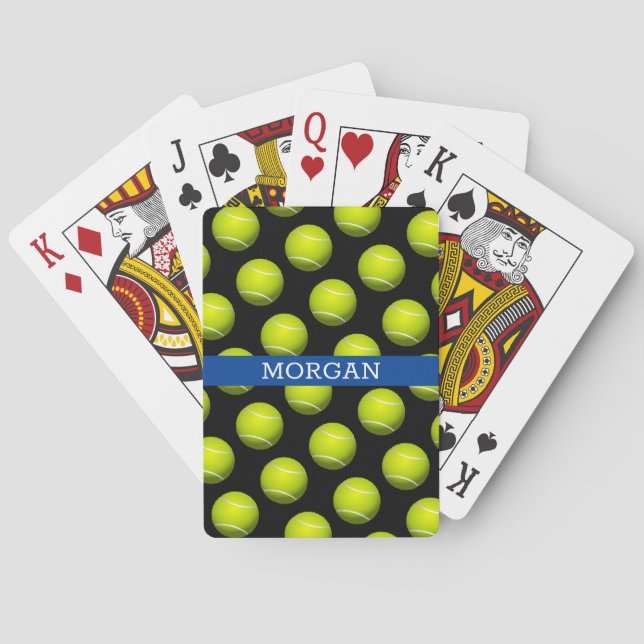 Tennis Ball Pattern, White Name, Blue & Black Poker Cards (Back)