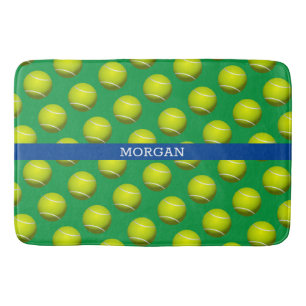 Tennis Ball Pattern, White Name, Blue & Green Bath Mat