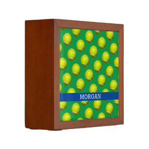 Tennis Ball Pattern, White Name, Blue & Green Desk Organizer