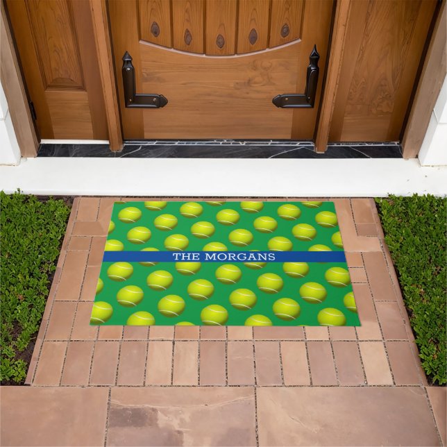 Tennis Ball Pattern, White Name, Blue & Green Doormat (Outdoor)