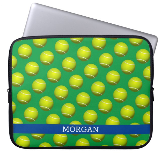 Tennis Ball Pattern, White Name, Blue & Green Laptop Sleeve (Front)