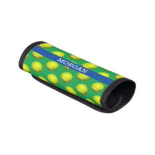 Tennis Ball Pattern, White Name, Blue & Green Luggage Handle Wrap