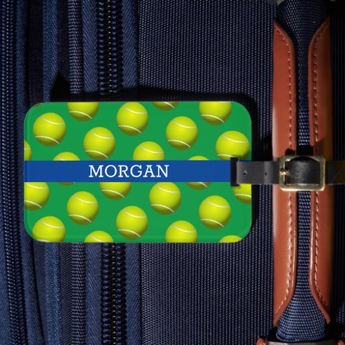 Tennis Ball Pattern White Name Blue  Green Luggage Tag