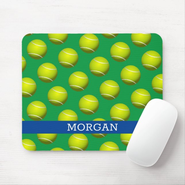 Tennis Ball Pattern, White Name, Blue & Green Mouse Pad (With Mouse)