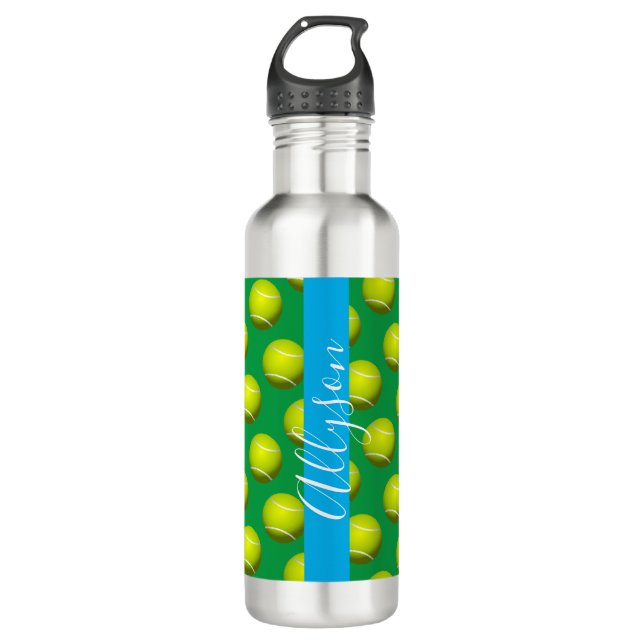 Tennis Ball Pattern, White Name, Sky Blue & Green Stainless Steel Water Bottle (Front)