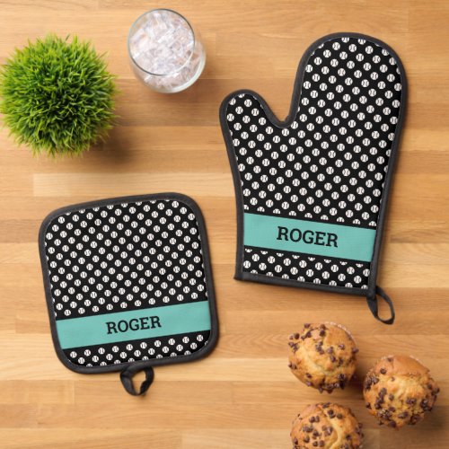 Tennis ball polka dots print personalized kitchen oven mitt  pot holder set