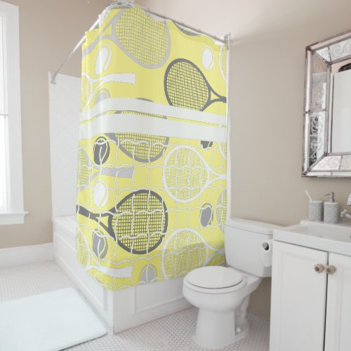 Tennis ball racket and net on yellow background  shower curtain