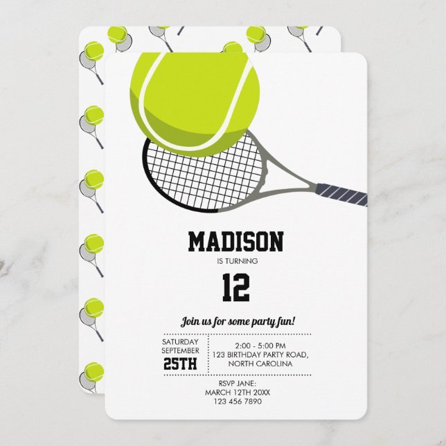 Tennis Ball & Racket Racquet Birthday Party Invitation (Front/Back)