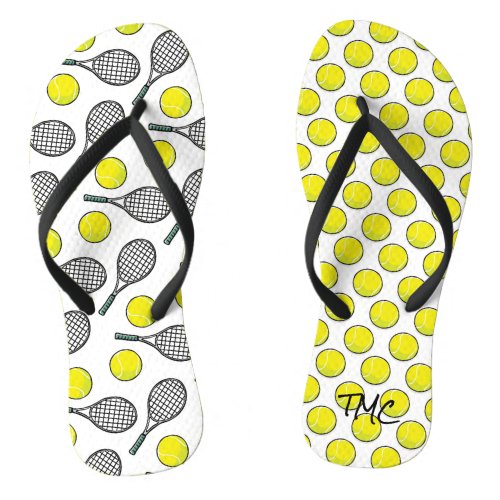 Tennis Ball Racquet Yellow White Black Sports Flip Flops