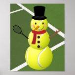 Tennis Ball Snowman and Christmas Holiday Poster<br><div class="desc">This humorous tennis design features a tennis ball snowman with a racket for an arm on a green tennis court.</div>