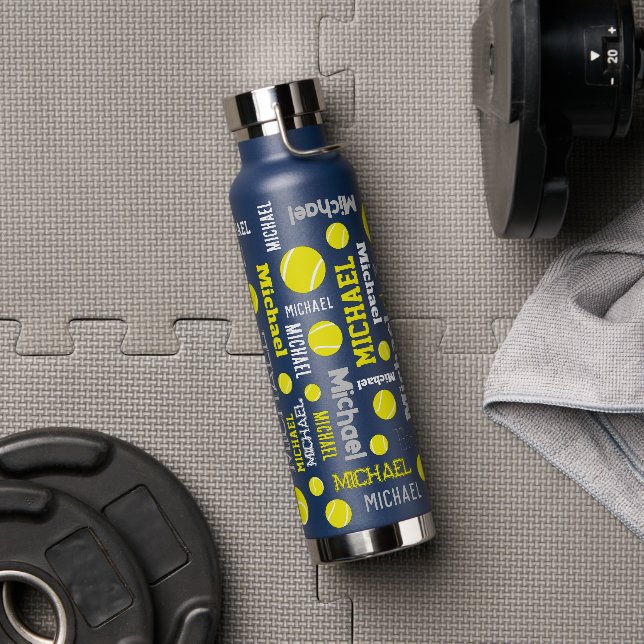 Tennis ball sports gray yellow white custom name water bottle (Gym)