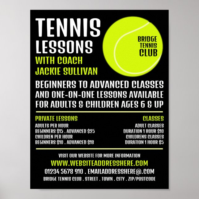 Tennis Ball, Tennis Lessons/Classes Advertising Poster (Front)