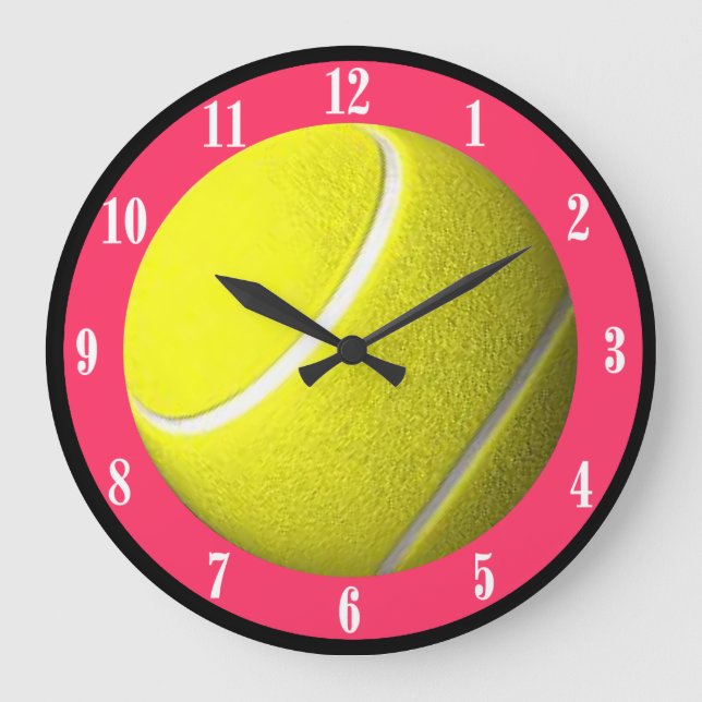 Tennis Ball Wall Clock Pink CourtWhite Numbers (Front)