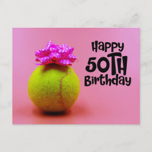 Tennis ball with 50th birthday word on pink postcard
