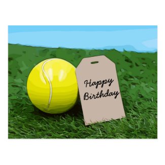 Tennis ball with blank tag Happy Birthday Postcard