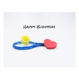 Tennis ball with blue racket birthday card