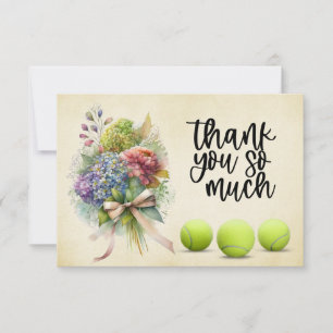 Tennis ball with bunch of flowers from player thank you card