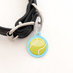 Tennis Ball With Custom Name And Number Pet ID Tag<br><div class="desc">Green cartoon tennis ball illustration on a blue background color. On the other side there are customizable text areas for the name of the pet and for a phone number.</div>