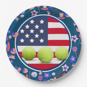 Tennis ball with flag of America 4th July Party Paper Plates