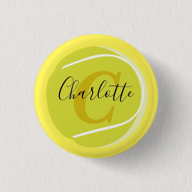 Tennis ball with Gold Monogram Script name  yellow Button (Front)