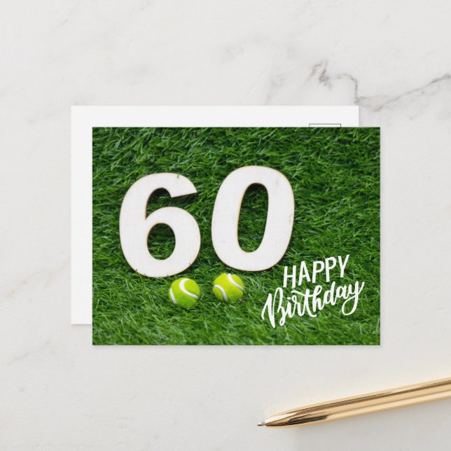 Tennis ball with Happy 60th Birthday  Postcard (Front/Back In Situ)